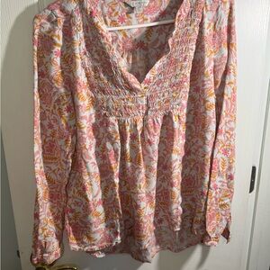*So Boho Lucky Brand Floral Smocked Blouse - Pink and Orange